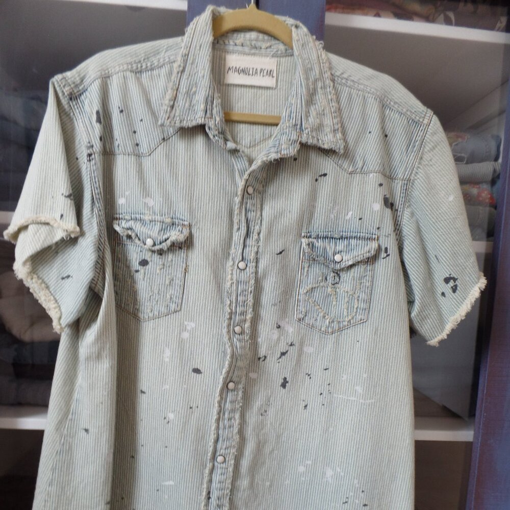 MAGNOLIA PEARL Marfa DENIM RAILROAD STRIPE Workshirt Top Shirt Blouse NWT *RARE* - Picture 3 of 9